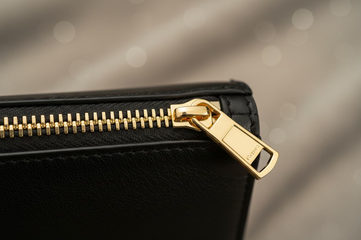 Détail zip doré cuir noir fond greige